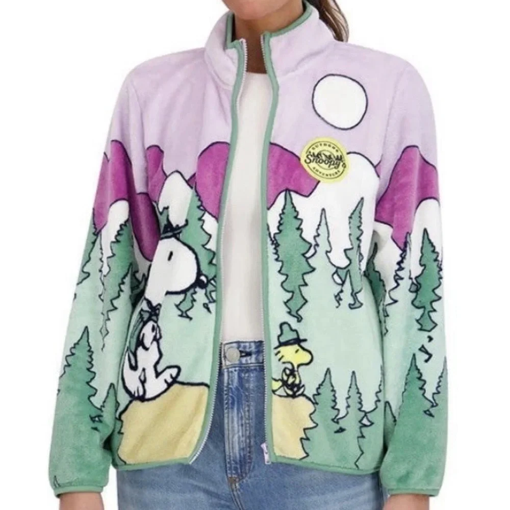NWT Snoopy Sherpa Jacket Women Zip Front Scenic Cozy Peanuts Mountains Sz S M L - Picture 3 of 12